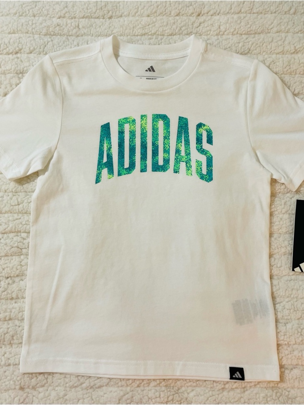 adidas White Tee with Green Glitter Logo